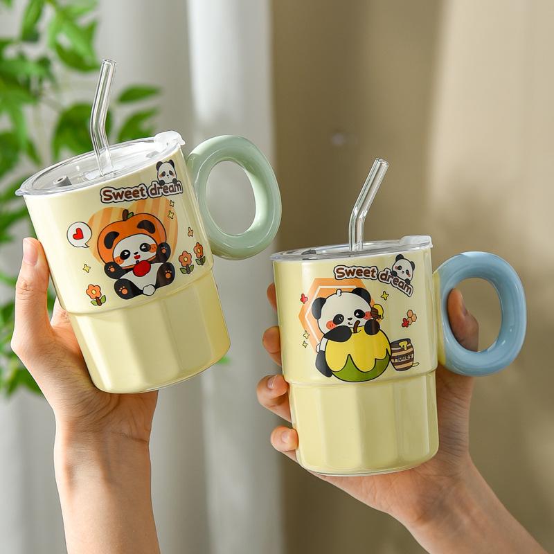 Panda Cute Girl Mug Ceramic with Lid Couple Large Capacity Drinking Water Handle Cup Straw Direct Drinking Dual Purpose
