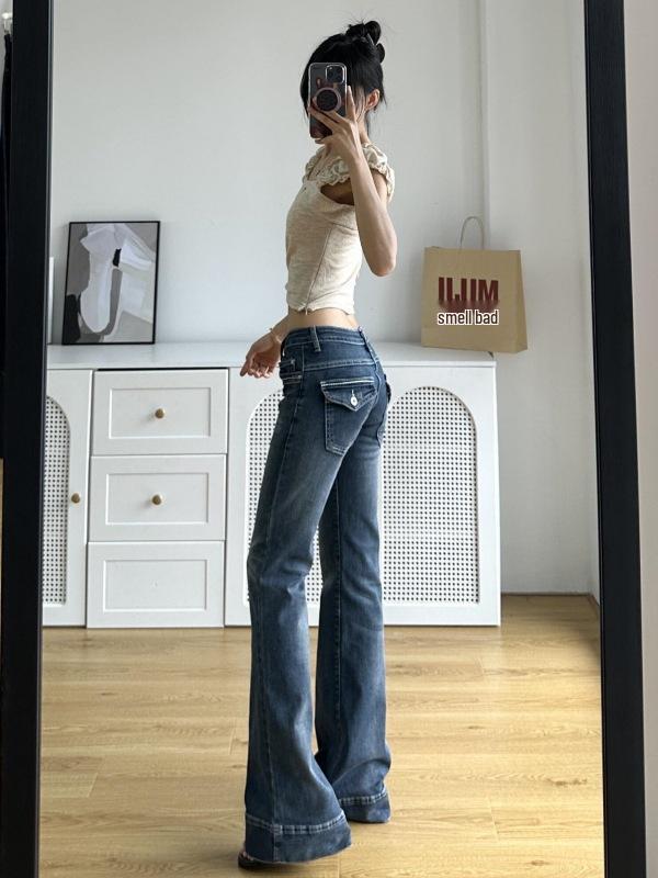 Damskie dżinsy retro, prane, mikro-rozszerzane, długie do podłogi - Jesień 2025, niski stan, luźny krój