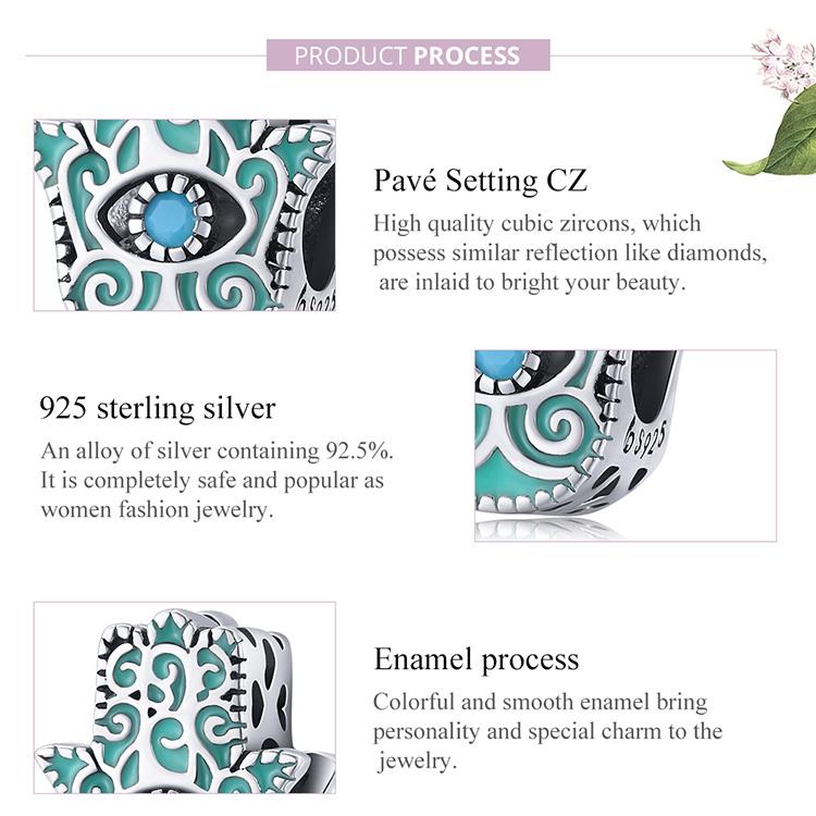 WOSTU Exquisite Mint Green Eye of Fatima Retro Pattern 925 Sterling Silver Charm Bead for DIY Jewelry Gift