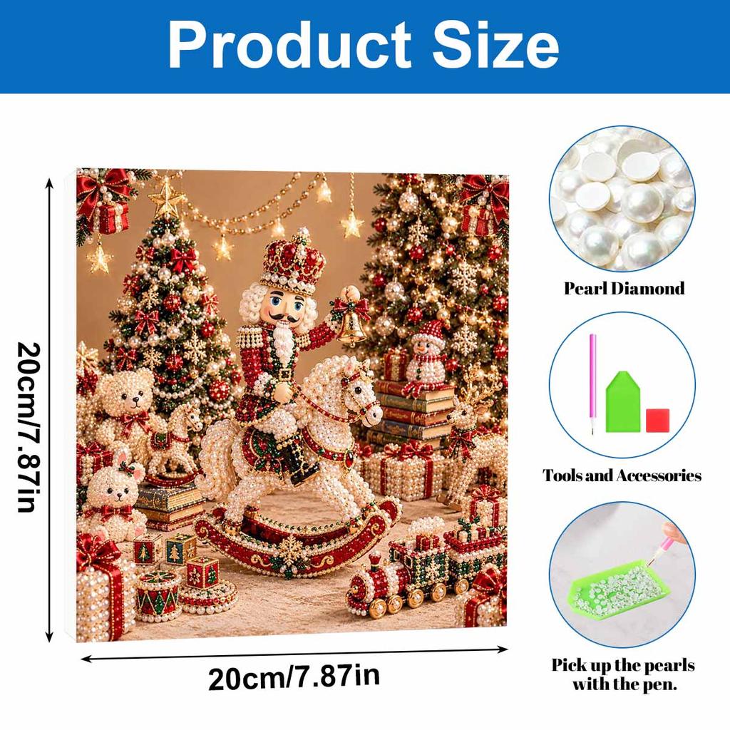 5D Pearl Painting Kit Framed with Christmas Nutcracker on Rocking Horse Design Sparkling Bead Art Canvas DIY Relaxing Craft for Wall Decor Gift