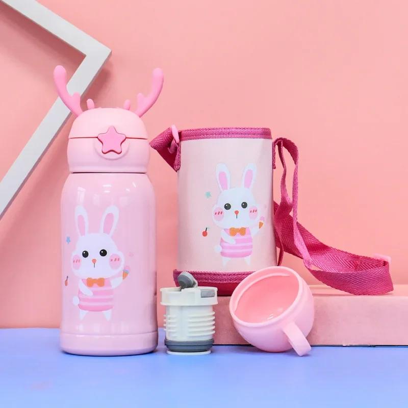 Cartoon Children's Straw Water Cup Strap Bouncing Cup Children's Vacuum Double-lid Double-layer Stainless Steel Vacuum Flask