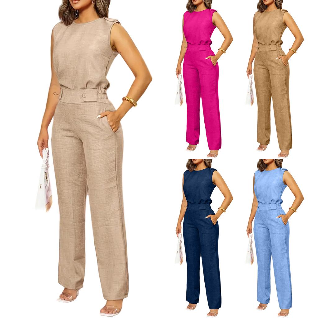 Women's Color Fashion Sexy Back Beltless Sleeveless Wide Leg Set