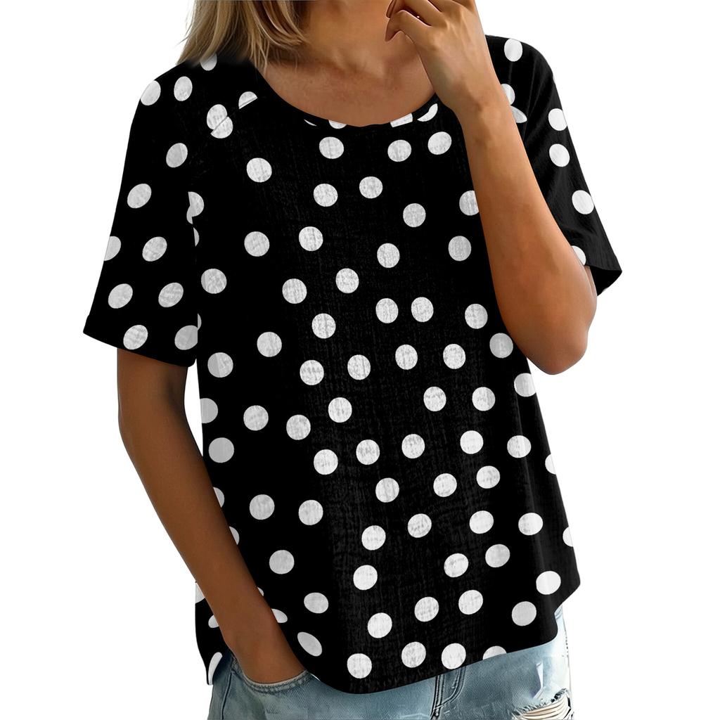Women's Vintage Print Short Sleeve Top - Round Neck, Cotton Linen Fabric