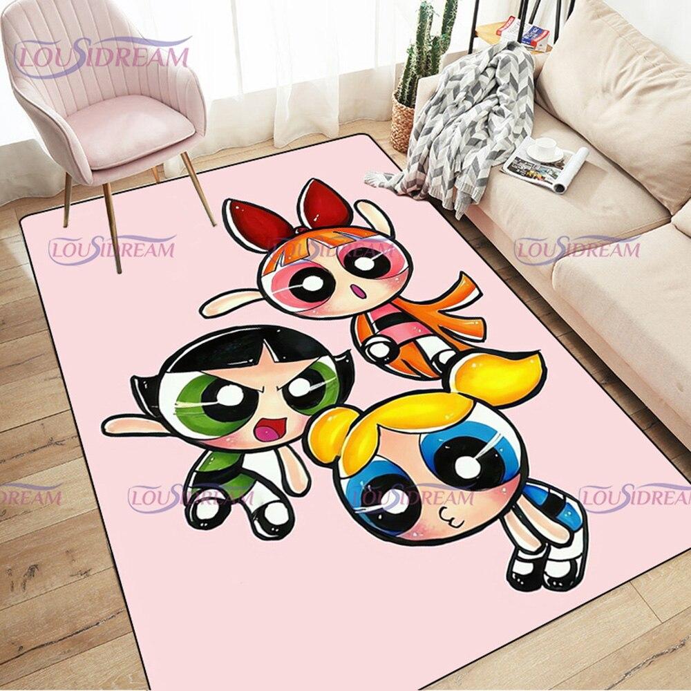 Alfombra de dibujos animados con estampado de Chicas Superpoderosas, decoración para sala de estar y dormitorio, alfombra antideslizante para baño, felpudo para suelo en el pasillo