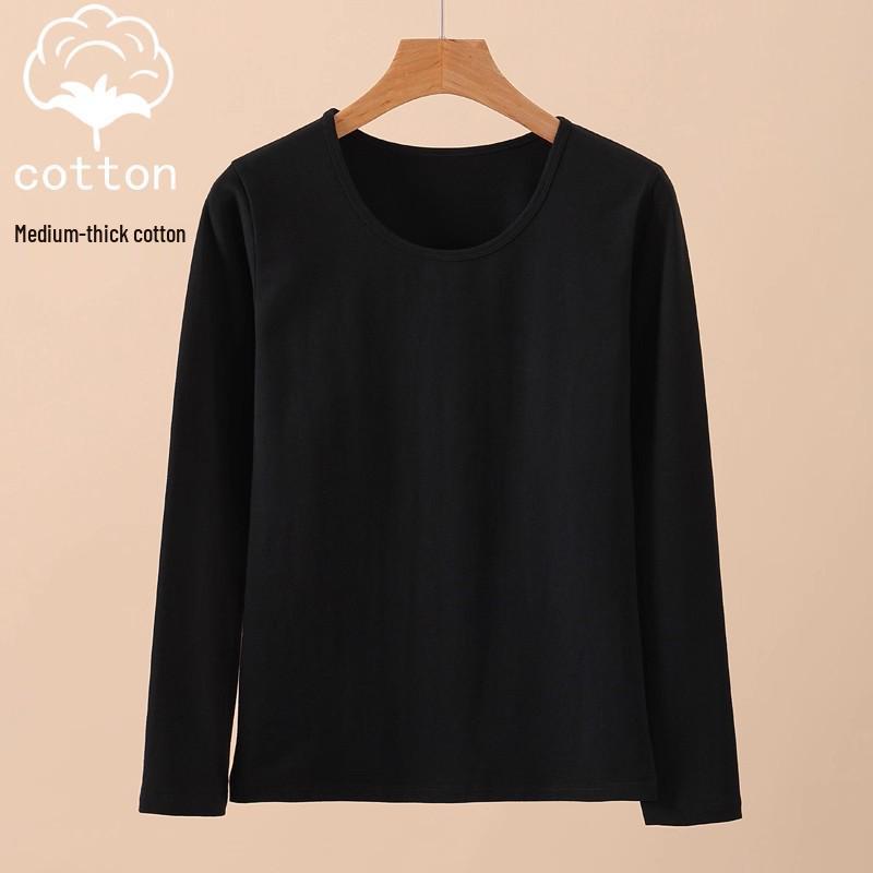 Women's Pure Cotton Long Sleeve Knit Top - Medium Thickness, Warm Autumn/Winter Base Layer, Thermal Cotton Wool Sweater