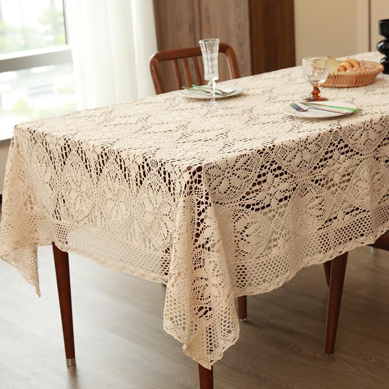 Rural Style Cotton Knit Dining Desk Mat American Retro Woven Hollow Lace Tablecloth Anti Slip Wear Resistant Beige Tables Mat tablecloth 60x60cm