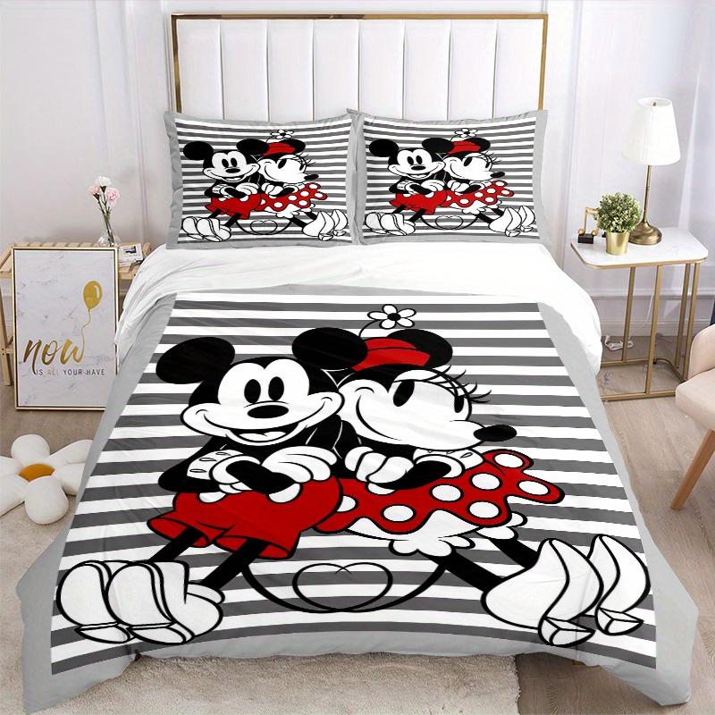 3pcs Gray Striped Minnie Mickey Bedding Set Includes 1 Quilt Cover and 2 Pillowcases, Comfortable Bedding S049