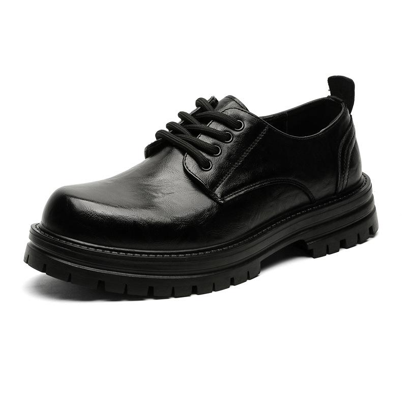 Nowe skórzane buty męskie wiosenno-jesienne biznesowe wizytowe duża głowa styl Hong Kong gruba podeszwa wewnętrzne zwiększenie wysokości brytyjskie 65225 czarne -J