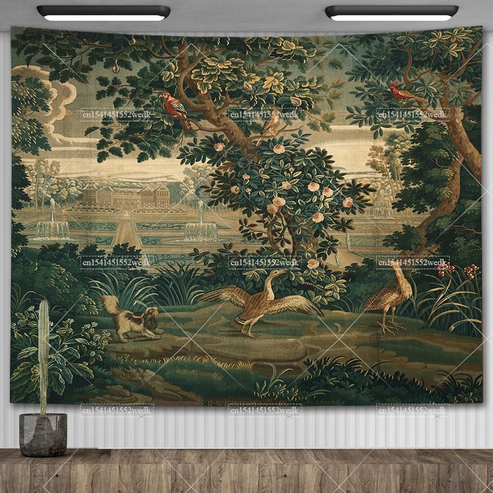 Witrażowa Francuska Gobelina Ścienna Verdure z Zamkiem i Ogrodem Gobelina Estetyczny Wystrój Pokoju Tło Drukowane Gobeliny
