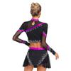 Womens Cheerleading Costume Set Long Sleeve Rhinestone Crop Top Matching Dance Skirt Performance Outfit