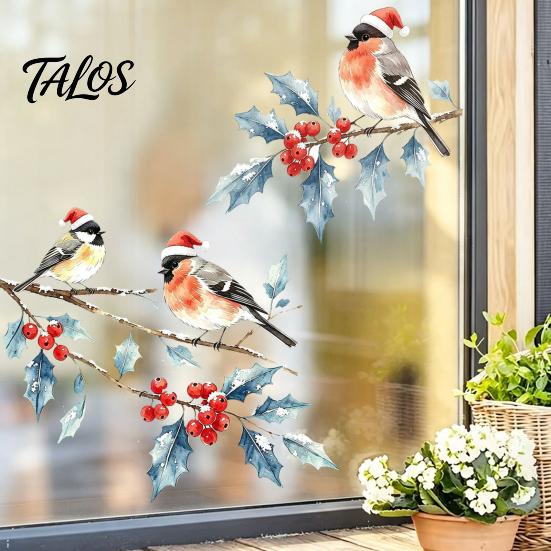 Reusable Christmas Party Decorations Watercolor Bird Window Sticker, Santa Hat on Beey Seasonal Clings Branch Static Decal, Waterproof Cling