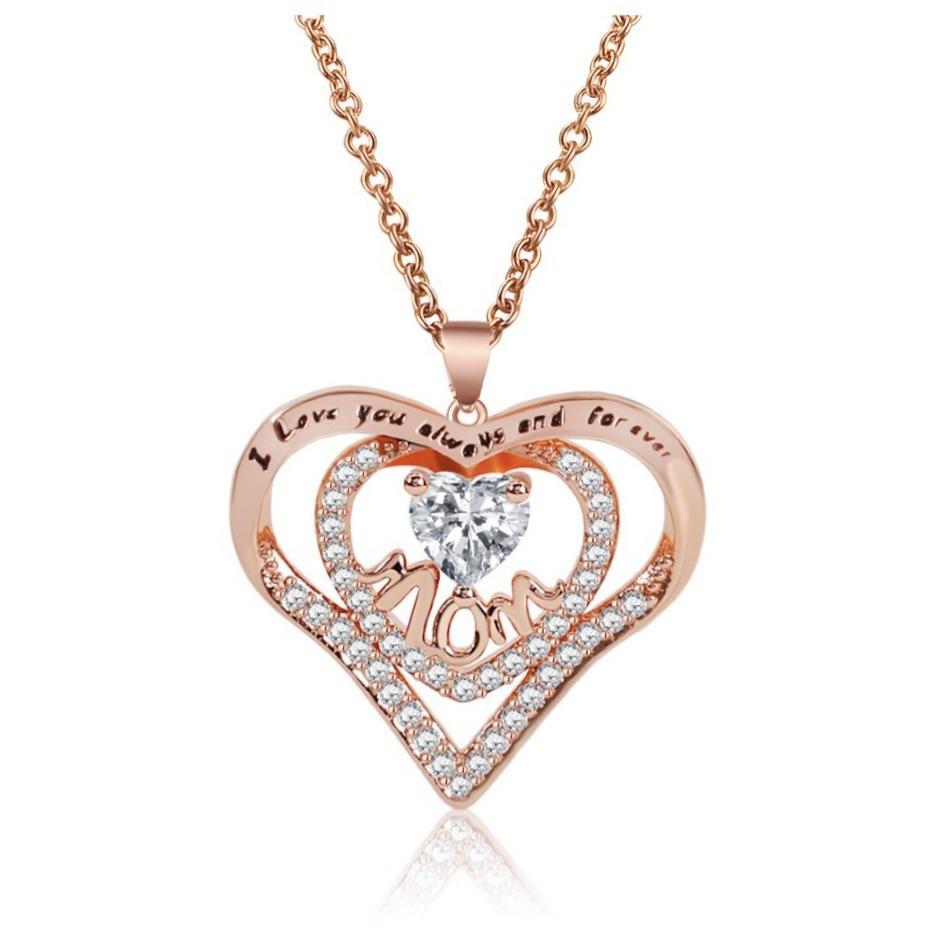 Heart-shaped Zircon MOM Necklace Women's Versatile Pendant Collarbone Chain Mother's Day Gift