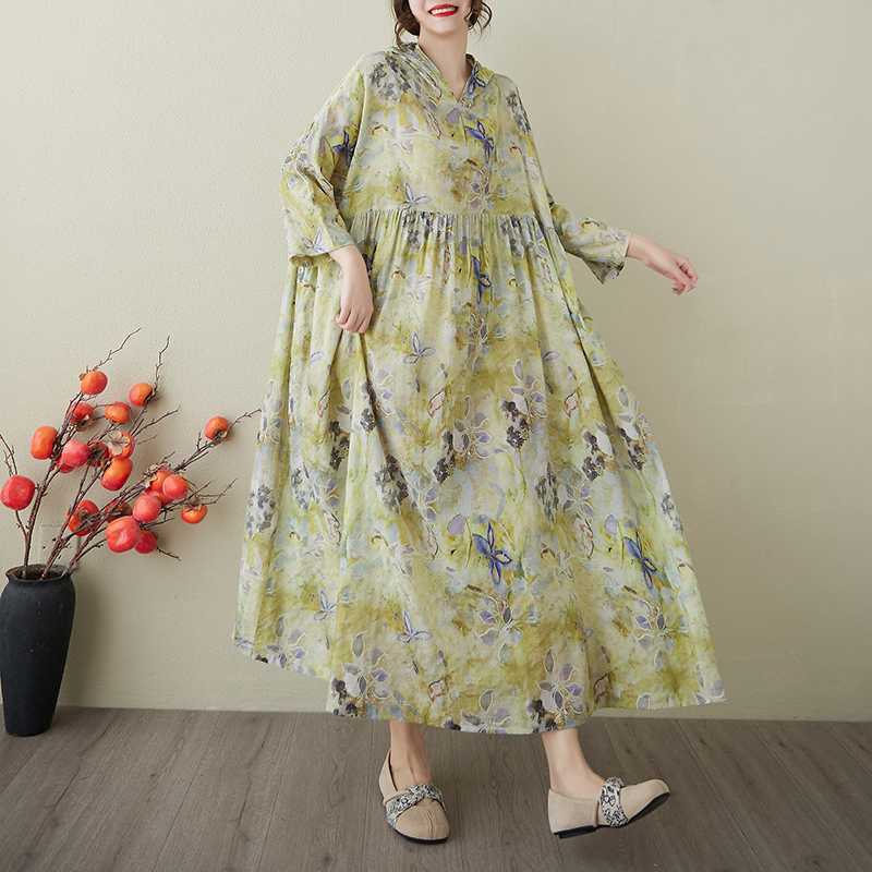 Retro Niche Gentle Wind Yarn Cotton Linen Printed Dress