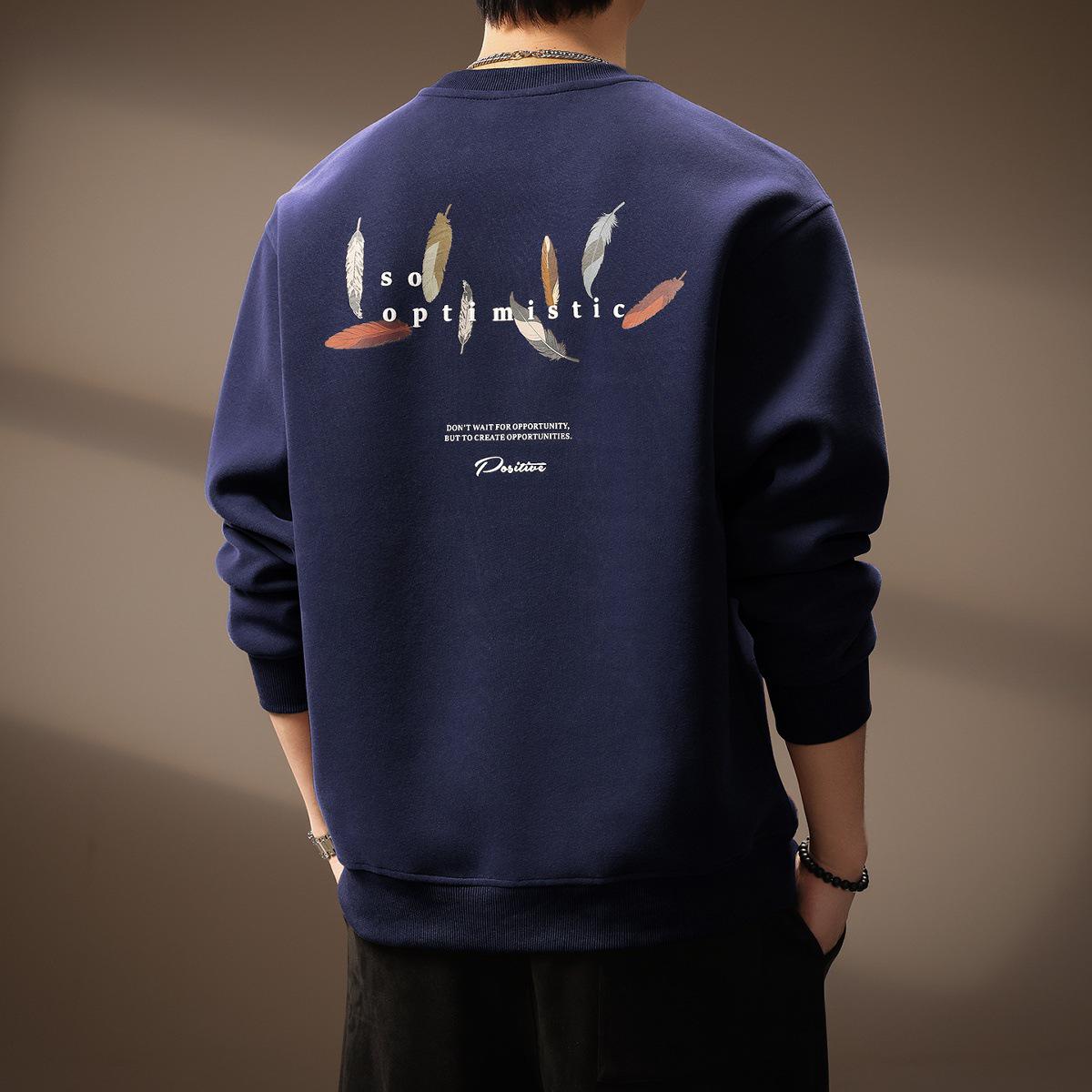 

Men s High-End American Print Round Neck Hoodie - 2025 Winter Fashion Trend, Versatile Long Sleeve Pullover L (120-140 jin) темно-синий