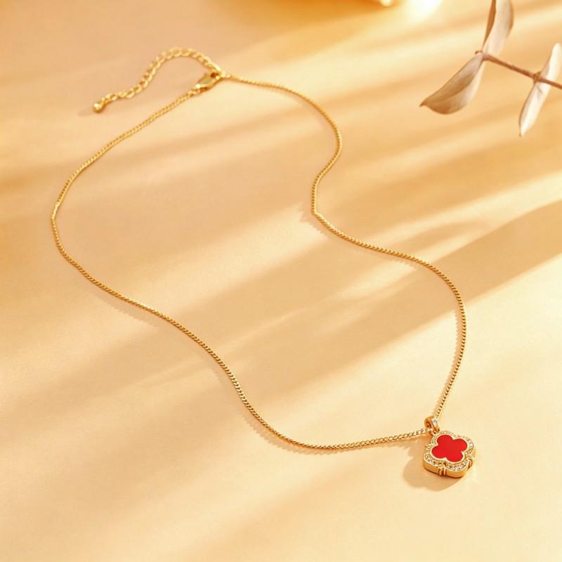Vintage Red Four Leaf Clover Earring Necklace Set Women Gold Plated Copper With 5A Zirconia Lightweight Elegant Jewelry