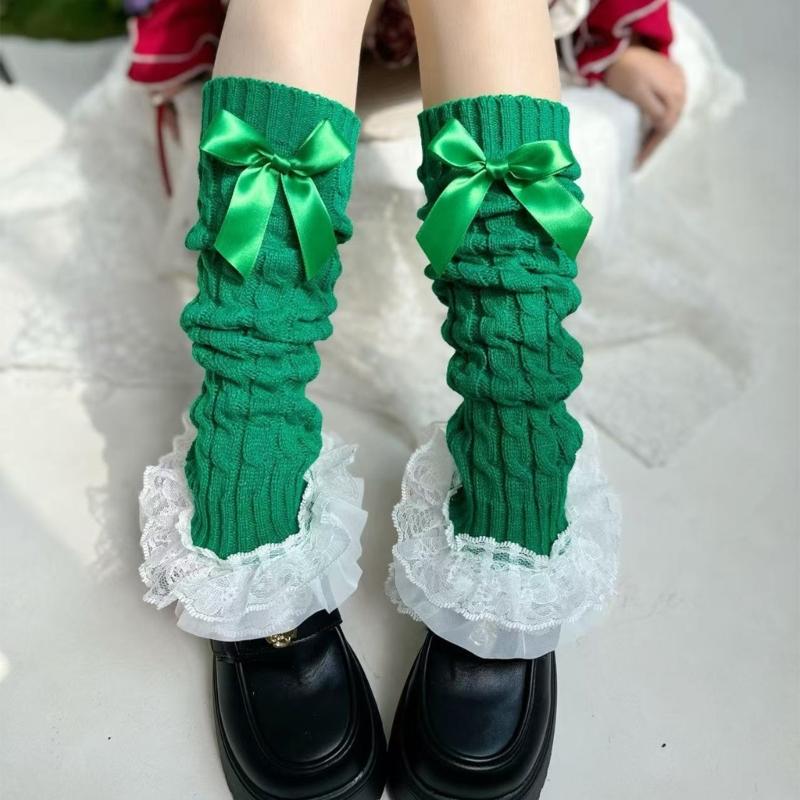 Cable Knit Leg Warmers Boot Cuffs with Bowknot Decorated Sweet Tiered Ruffled Lace Trim Leg Covers Calf Socks for Women