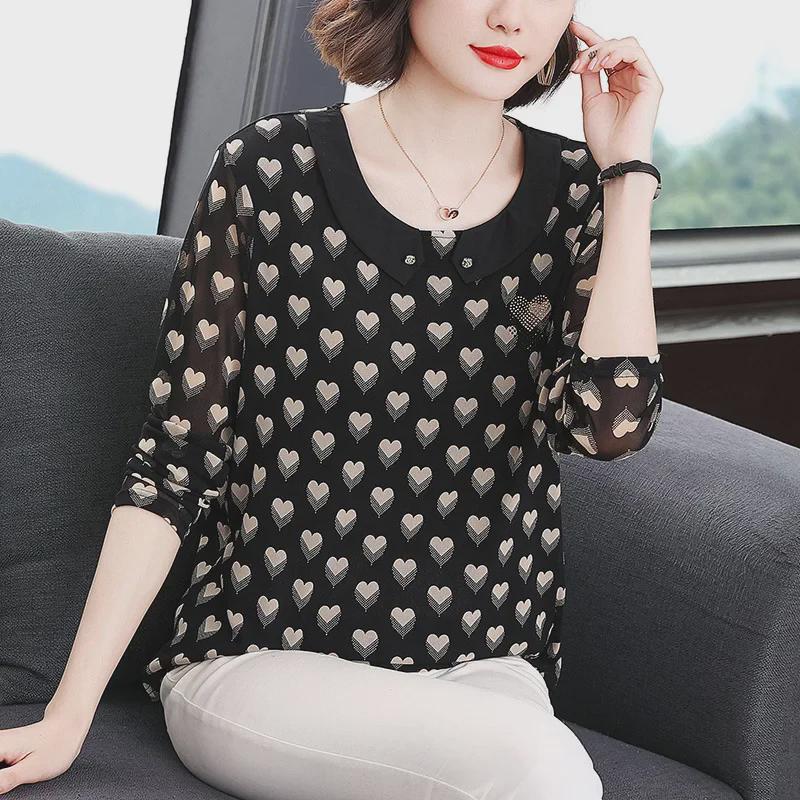 Spring 2023 Printed Collared Tops for Women - Long Sleeve, Plus Size, Middle-Aged Mom's T-Shirts