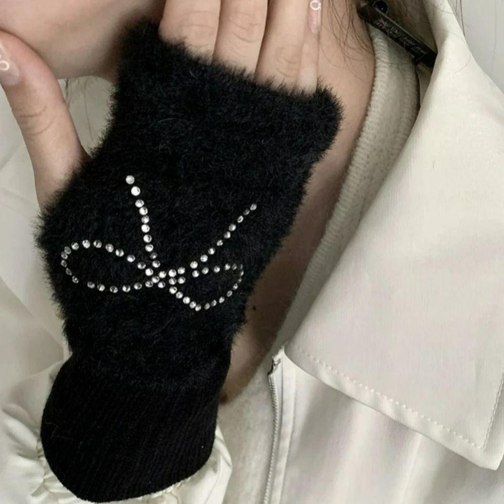 Solid Color Bow Gloves Hotfix Rhinestone Half Finger Mittens Fashion Knitted Gloves  Girl
