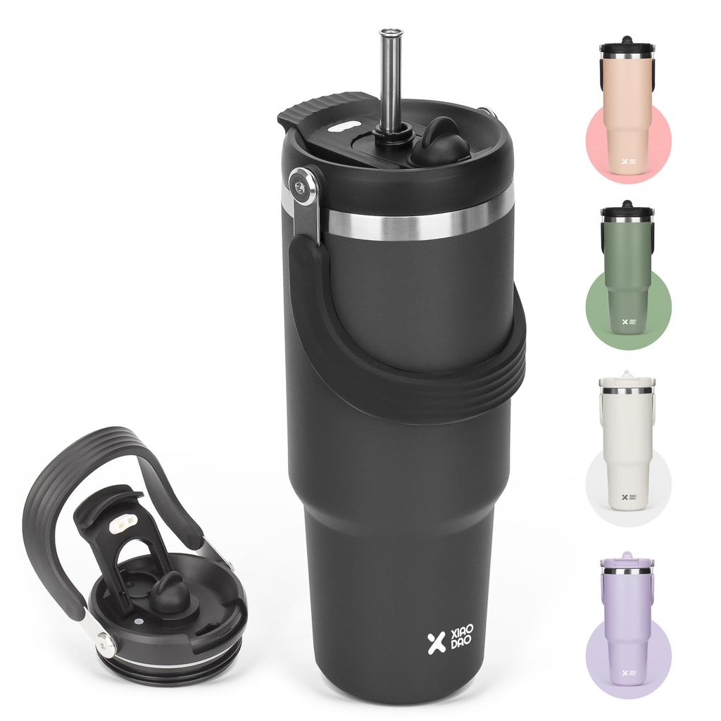 SKIASE Tumbler with Large Vacuum Thermal Stainless Steel Wide Direct Lid Outdoor Handle Black Straw, 900ml, Capacity, Insulated, Insulation, Bottle,