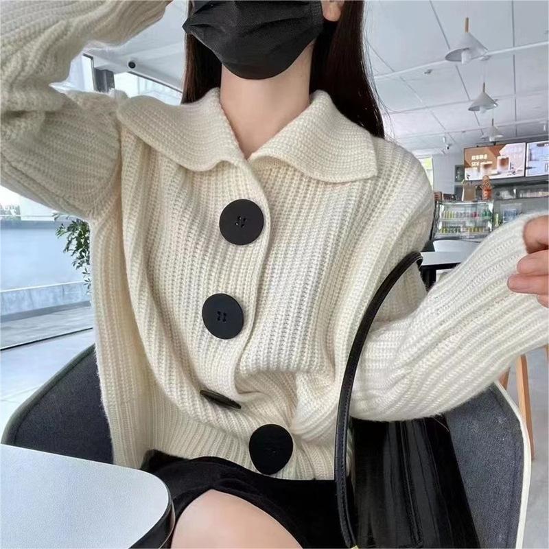 

Вязаный жакет на больших пуговицах, женская мода, ретро лацканы, кардиган, свитер, женская осенне-зимняя свободная ленивая ветровка для улицы 46-191 (average size) белый