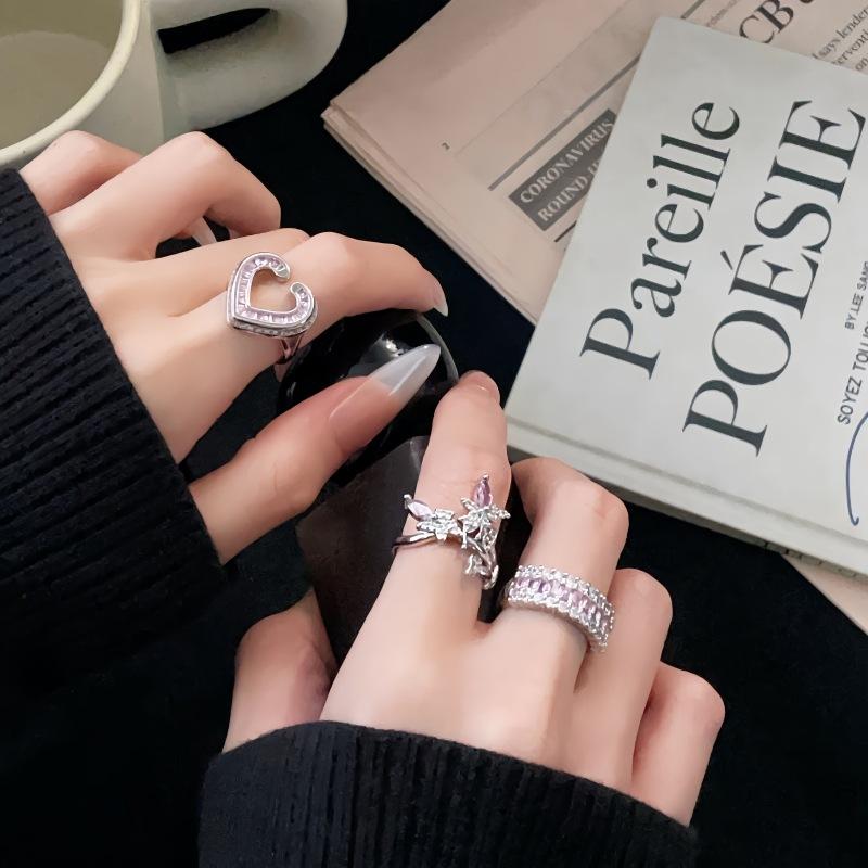 Pink Zircon Series High-End Light Luxury Sweet Cool Wind Opening Ring Niche Design Stacking Love Personalized Ring