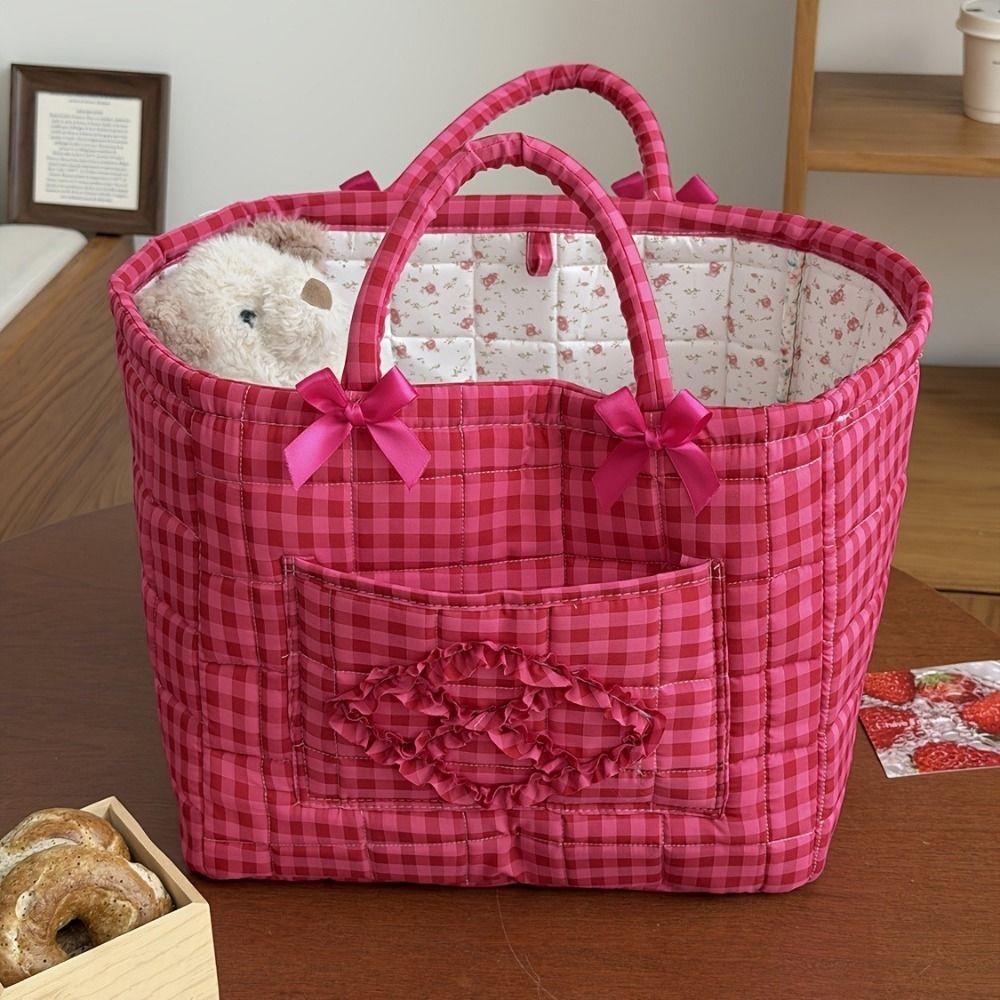 Folding Red Plaid Storage Basket Handheld Nursery Storage Basket Fabric Storage Basket Bedroom