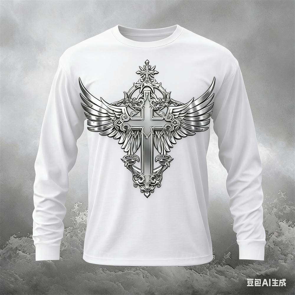 Funny Cross Wing Pattern Men's T Shirt Casual O-neck Loose Long Sleeve T-shirt Spring Autumn Comfortable Pullover Fashion Tops