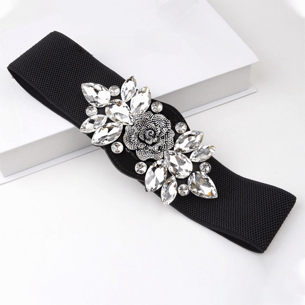 Rose Flower Women Waistband Wide Rhinestone Waist Belt Casual Elastic Cummerbunds Jacket