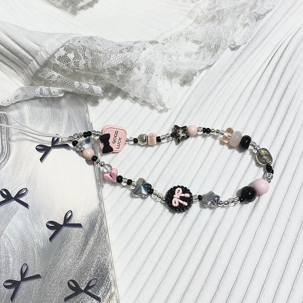 Original Ins Sweet Cool Pink and Ink Color Beaded Hot Girl Phone Chain DIY Lanyard Chain CCD Camera Pendant Hanging Chain