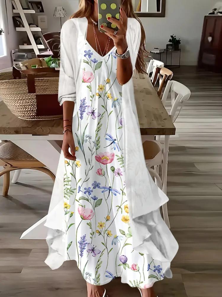 

Элегантное макси-платье с цветочным принтом и бабочками, с длинным кардиганом, женское платье в стиле бохо-шик, повседневное летнее платье 4XL
