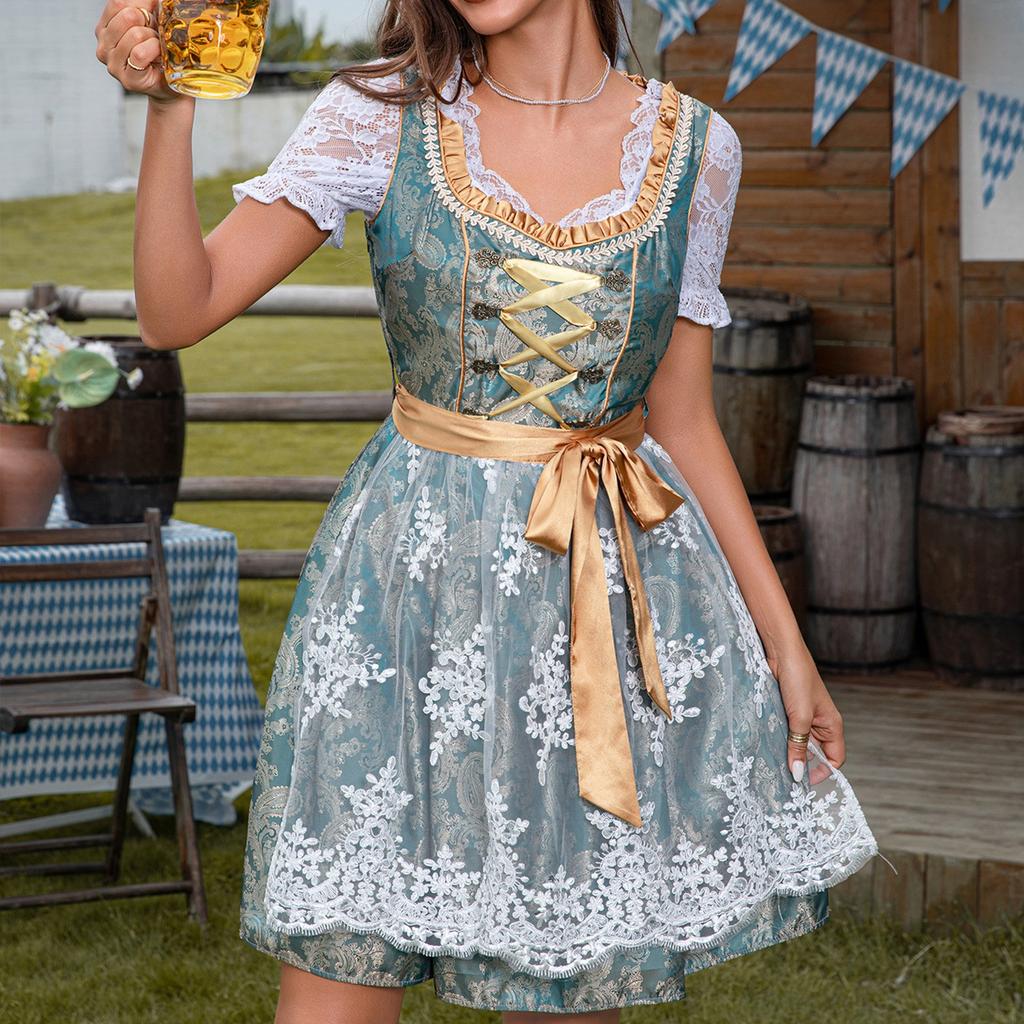 Kostým na pivní festival Bavorský dámský vystupovací kostým Květinový potisk Šaty se čtvercovým výstřihem(S výjimkou krajkové podšívky)