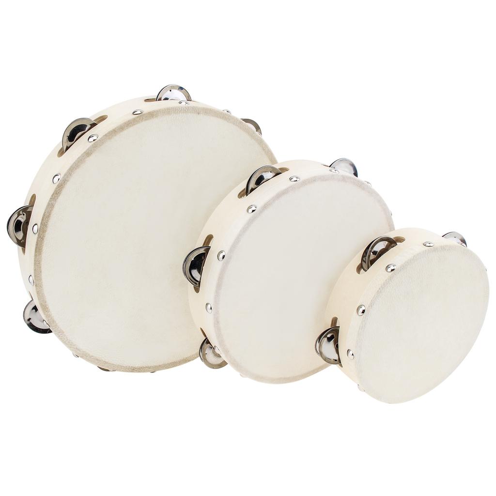 Wood 6 8 10 Inch Hand Held Tambourine Sheepskin Head Single Row Jingles Church Party KTV Musical Educational Rhythm Percussion Instrument Gifts