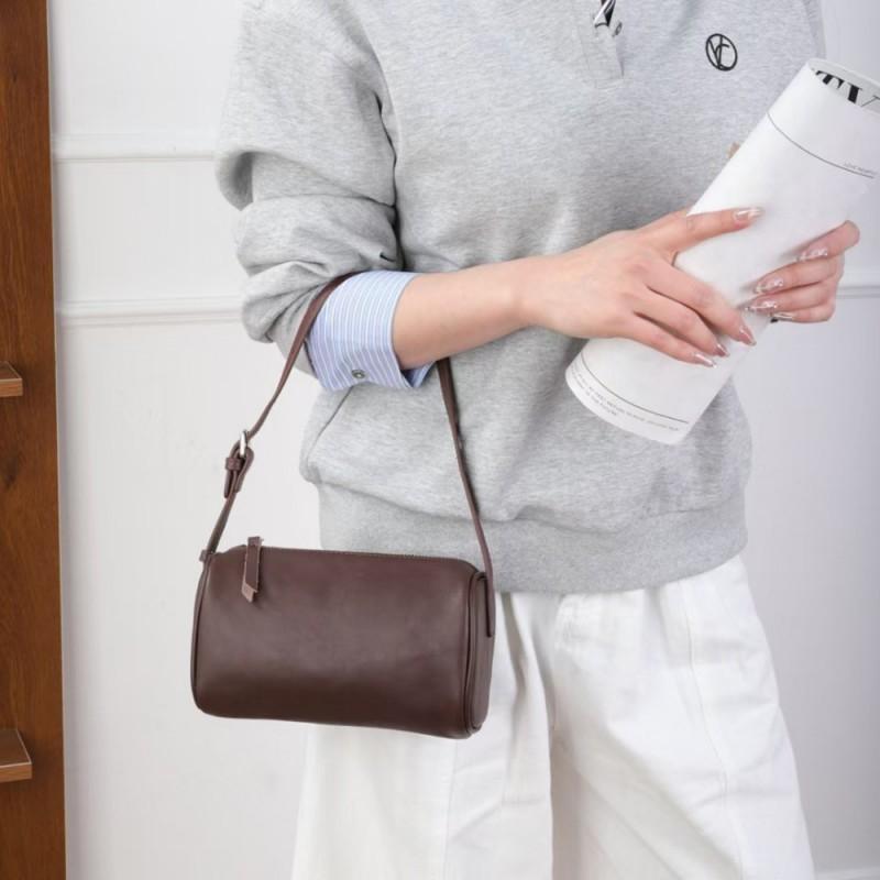 Genuine Leather Cylinder Toe Cover Layer Cowhide Natural Fall Shoulder Crossbody Bag Women Retro Simple Armpit