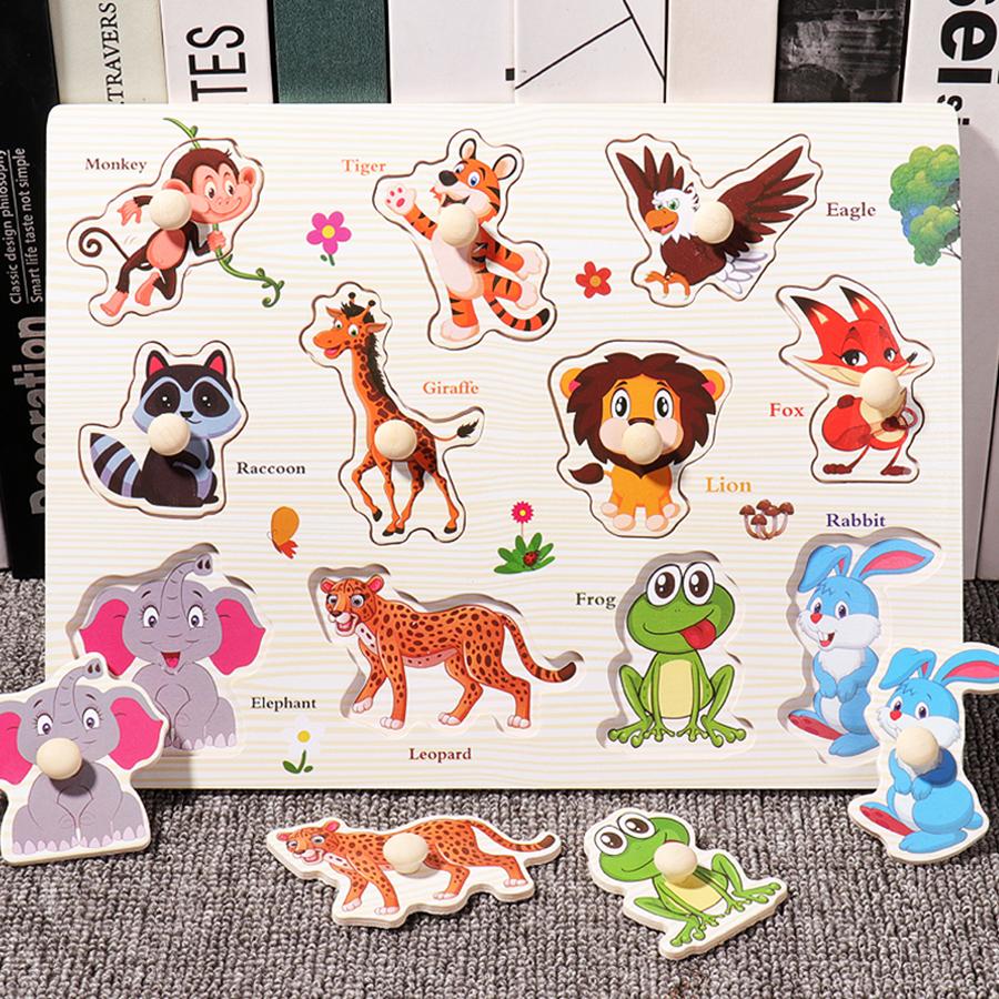 Montessori Wooden Hand Grab Boards Tangram Jigsaw Baby Educational Cartoon Vehicle Animals Fruits 3D Puzzles Early Education