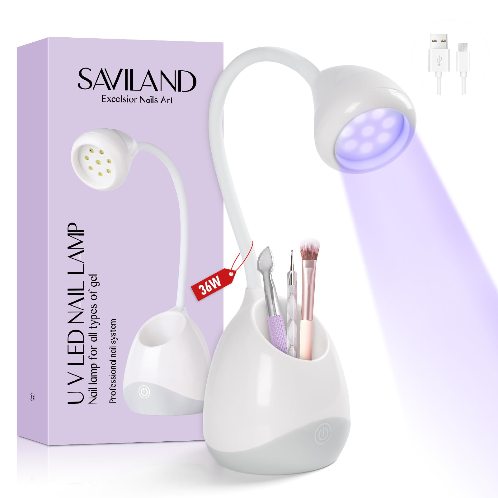 Saviland Rechargeable Nail LED Lamp 36W Mini UV Light for Gel Nails with Nail Brush Gel Nail Flash Curing Light for Portable UV Lamp for Home Nail