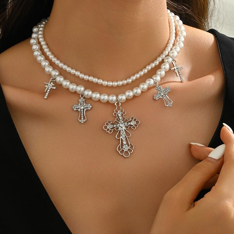 Double Stacked Imitation Pearl Necklace Light Luxury High Sense Diamond Set Cross Pendant Collarbone Chain