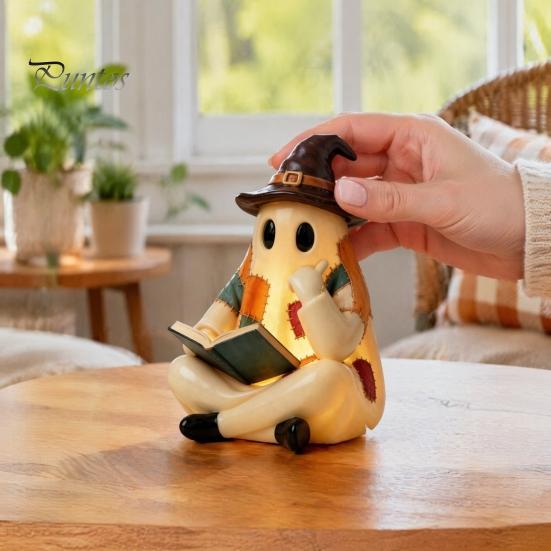 Regali Autunnali Unici Statuetta Fantasma Patchwork Vintage, Statua Carina da Lettura Illuminata a LED, Statua di Halloween Decorazione Spettrale in Resina per Tavolino Scaffale