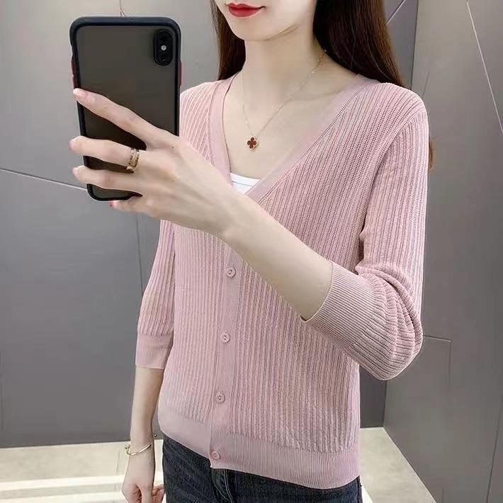 Women's Ice Silk Cardigan - Lightweight, Versatile, Sun Protection, Short Knitted Coat for Spring & Autumn, Hollowed-Out Design.