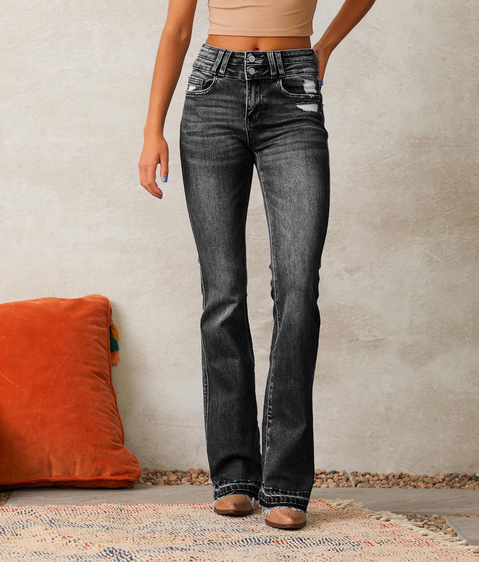 Cross-Border Women s Retro Ripped Jeans, 2025 Spring Micro-Flare Washed Street Style XL чёрный