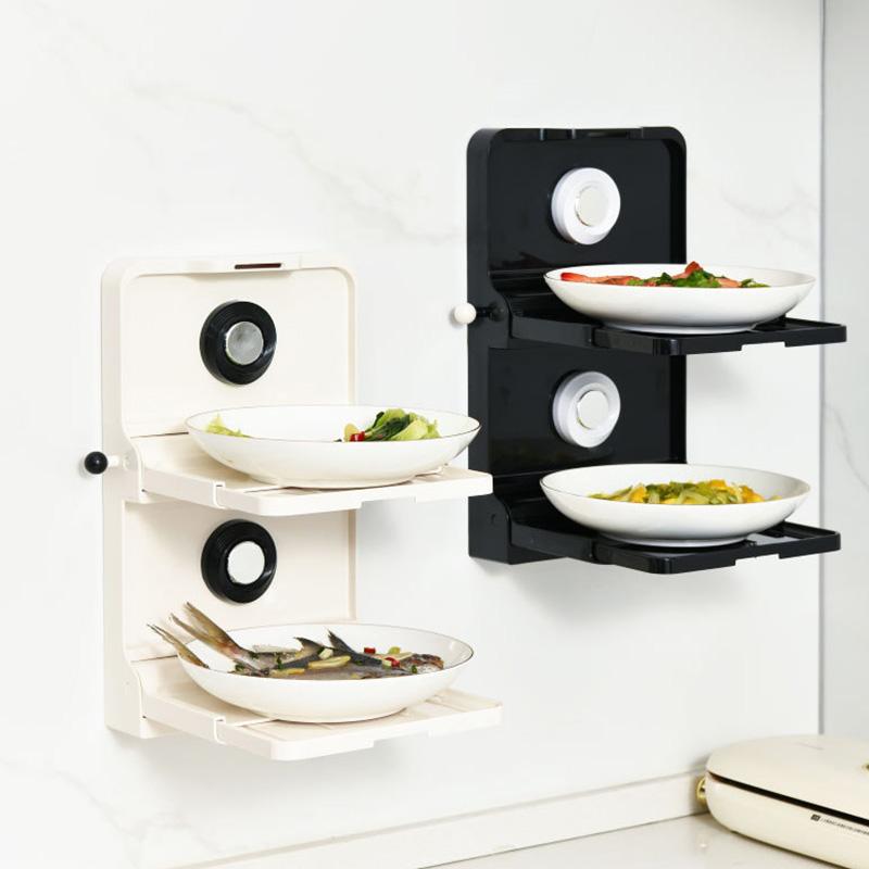 1pc Kitchen Foldable Storage Rack Suction Cup Wall-mounted Food Dish Storage Rack Double-layer Kitchen Shelf Kitchen Organizer