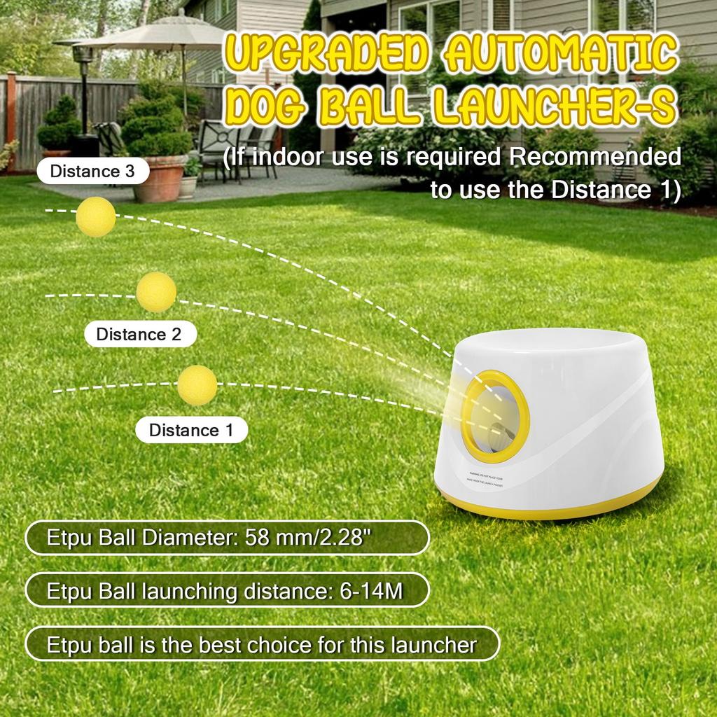 Lanceur de balles automatique pour chiens, Machine interactive de lancer de balle avec 3 niveaux de distance(20-46 pieds) & 5 Balles, Lanceur de Balle pour Chien pour Jouer à l'Intérieur et à l'Extérieur