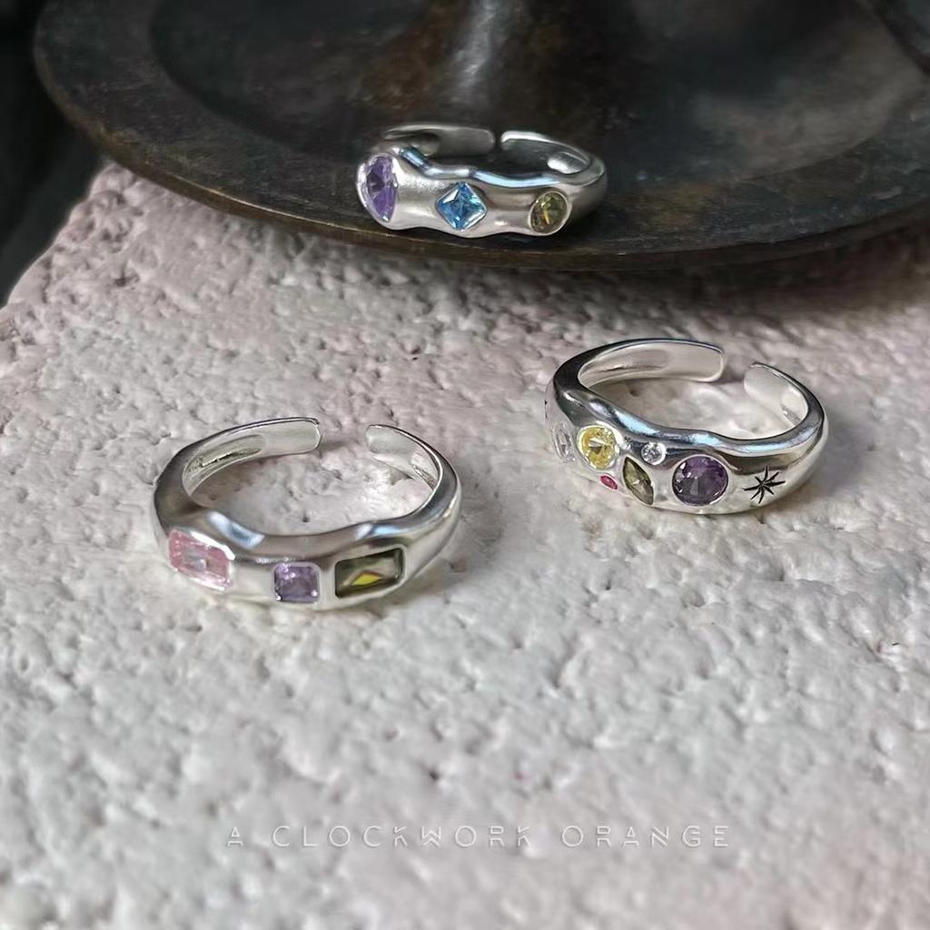 Irregular Texture Retro Inlay Colored Gemstone Silver Color Rings for Women Engaement Wedding Aesthetic Rings Jewelry Girls Gift