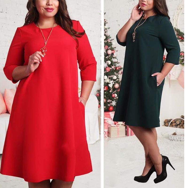 Premium Quality Plus Size Women Red Green Color Printed Round Neck Dress For All Occasions