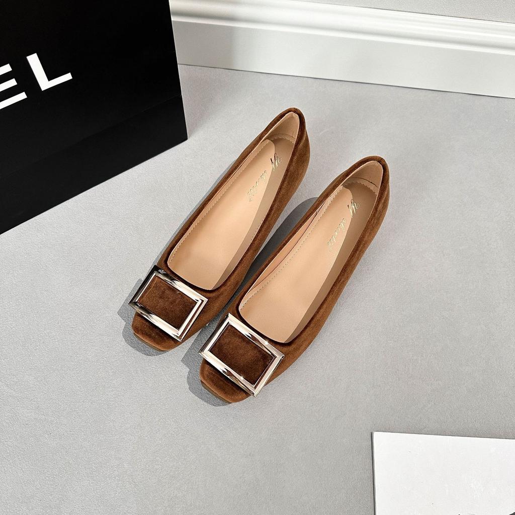 6 cm height increase, classic R home square buckle thick heel single shoes women's 2025 new European and American style suede square head high heels