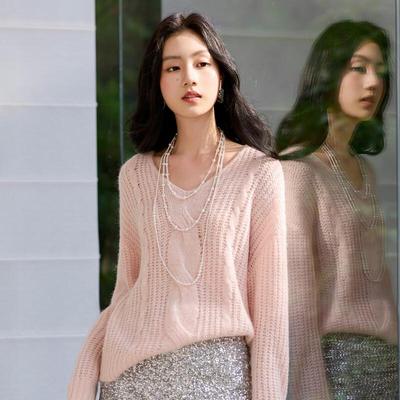 Sancai Women's V-Neck Cable Knit Drop Shoulder Sweater