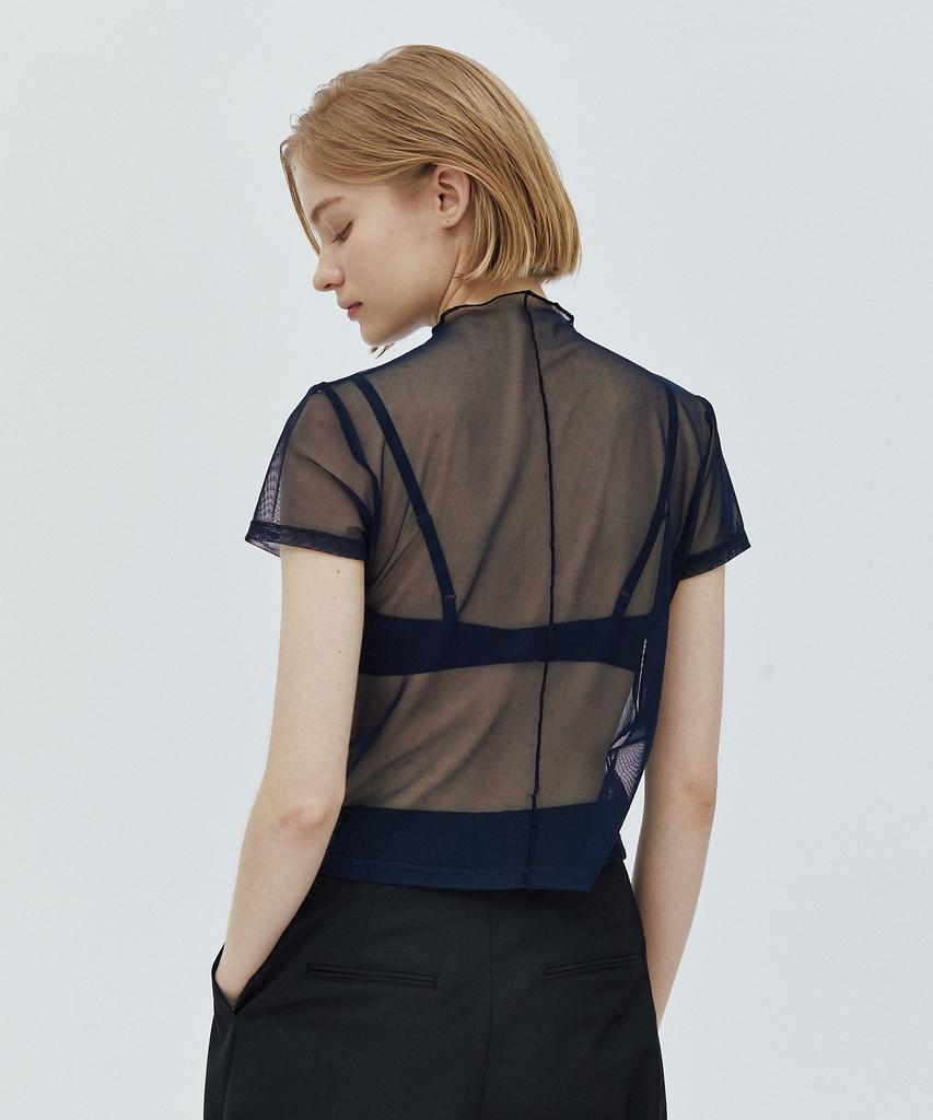 WEARIS See-Through Mesh Short Sleeve T-Shirt_Navy
