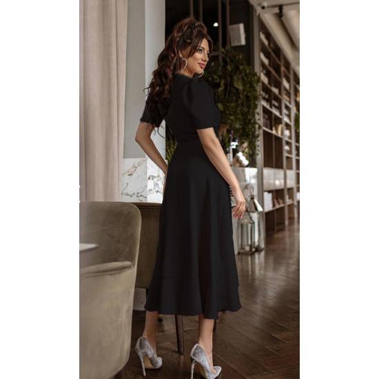 Siyah Kısa Karpuz Kol Kruvaze Kuşaklı Büyük Beden Elbise