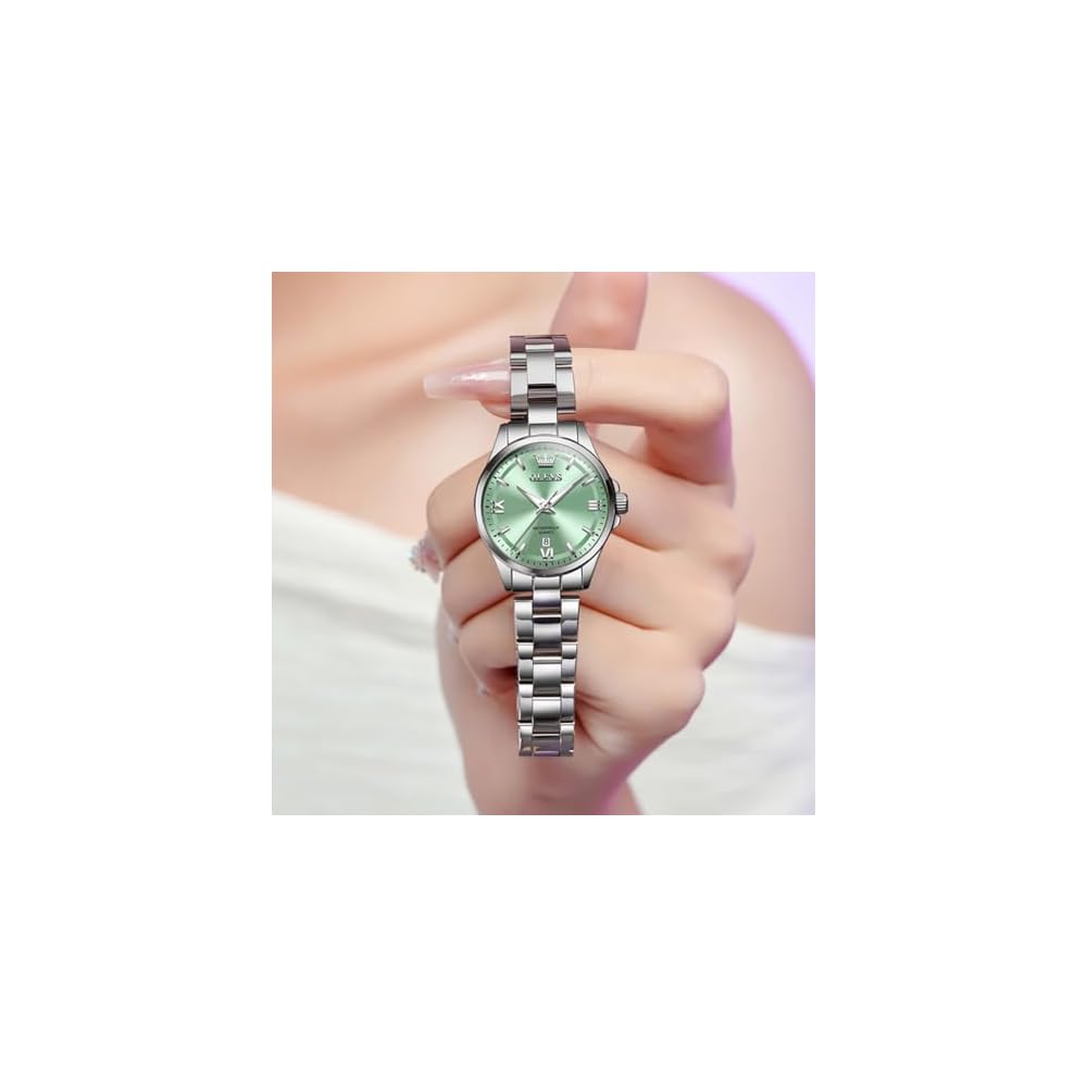OLEVS Women's Quartz Watch Classic Dial Stainless Steel Band Luminous 30M Water Resistant Green