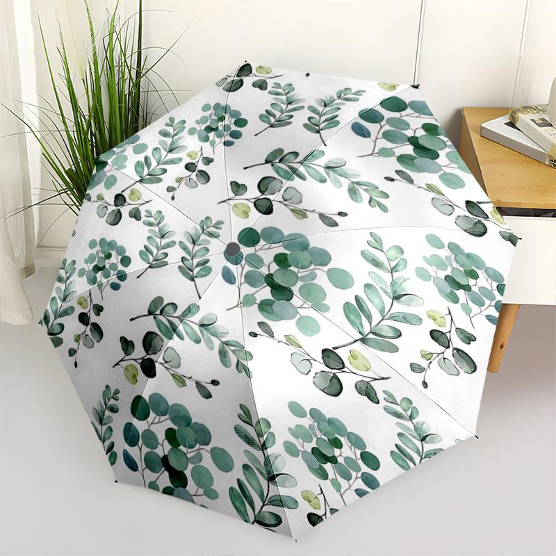 

1pc Green Eucalyptus Leaves Pattern Automatic Opening and Closing Practical Umbrella, Lightweight 3-Fold, With Cute Cartoon Characters, Suitable for H