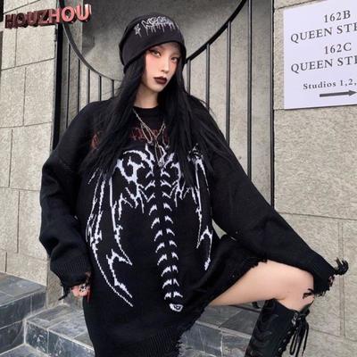 Gotik Uzun Kollu Kadın Yırtık Kazak Hip Hop Sokak Şıklığı Baskılı Punk Japon Tarzı Kış Kadın Örme Büyük Boy Bisiklet Yaka Grunge Kazak
